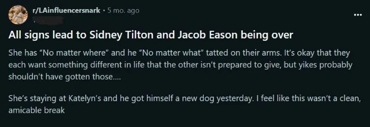 Reddit users discussing the potential breakup of Jacob Eason and Sidney Tilton